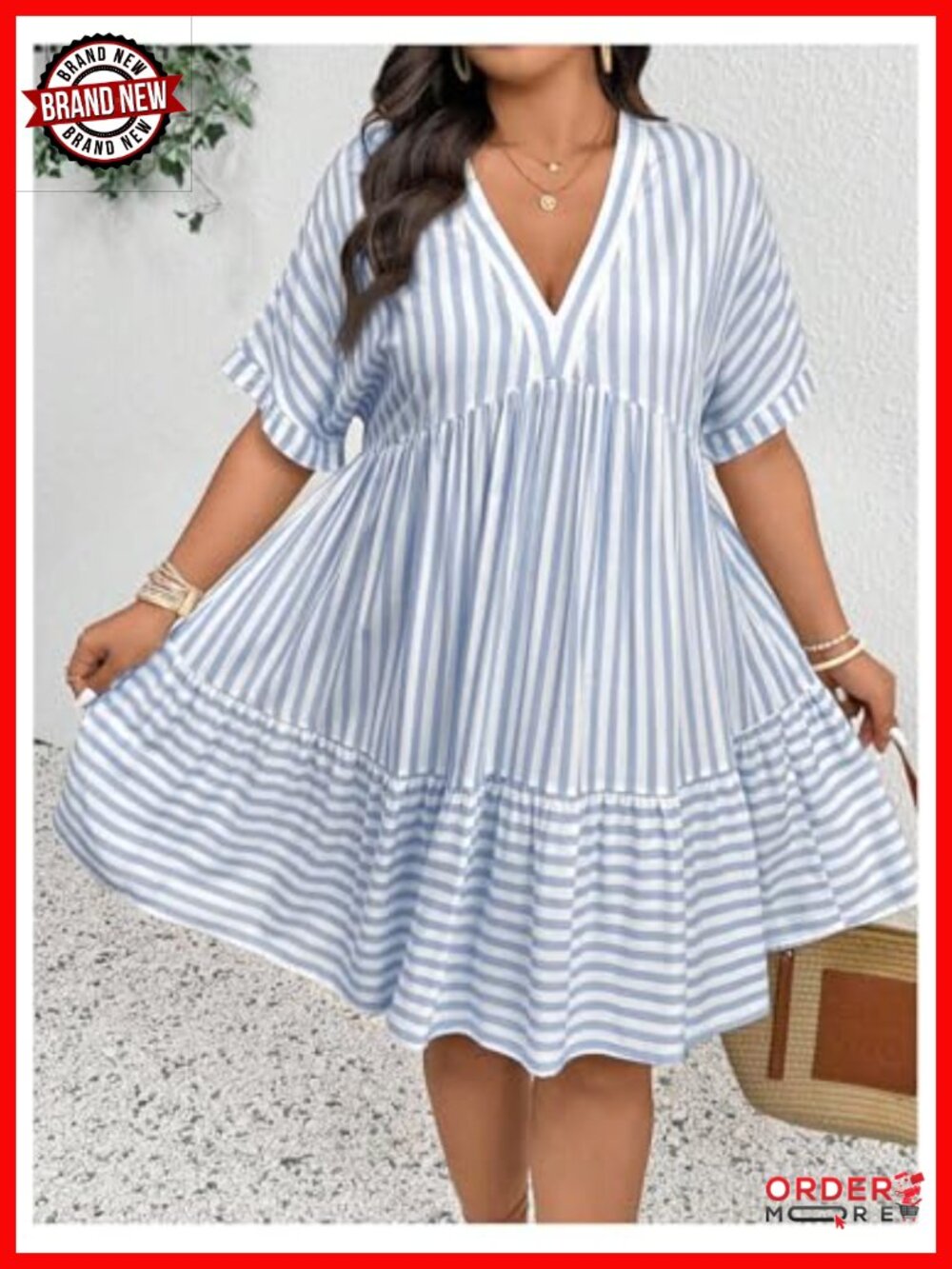 Plus Size Striped Ruffle Dress Deep V Neck Half Sleeve A-Line Babydoll Summer - Picture 3 of 4